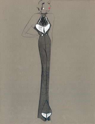 Item nr. 159220 Black and White Halter Gown with Pleat Detail. Fashion Illustrations. Charlotte...