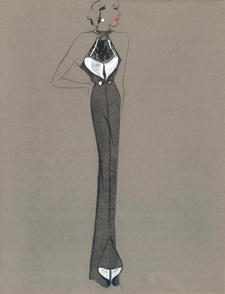 Item nr. 159220 Black and White Halter Gown with Pleat Detail. Fashion Illustrations. Charlotte Revyl.
