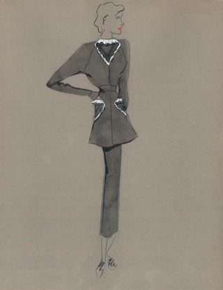 Item nr. 159222 Black Peplum Midi Dress with White Lace Detail. Fashion Illustrations. Charlotte...