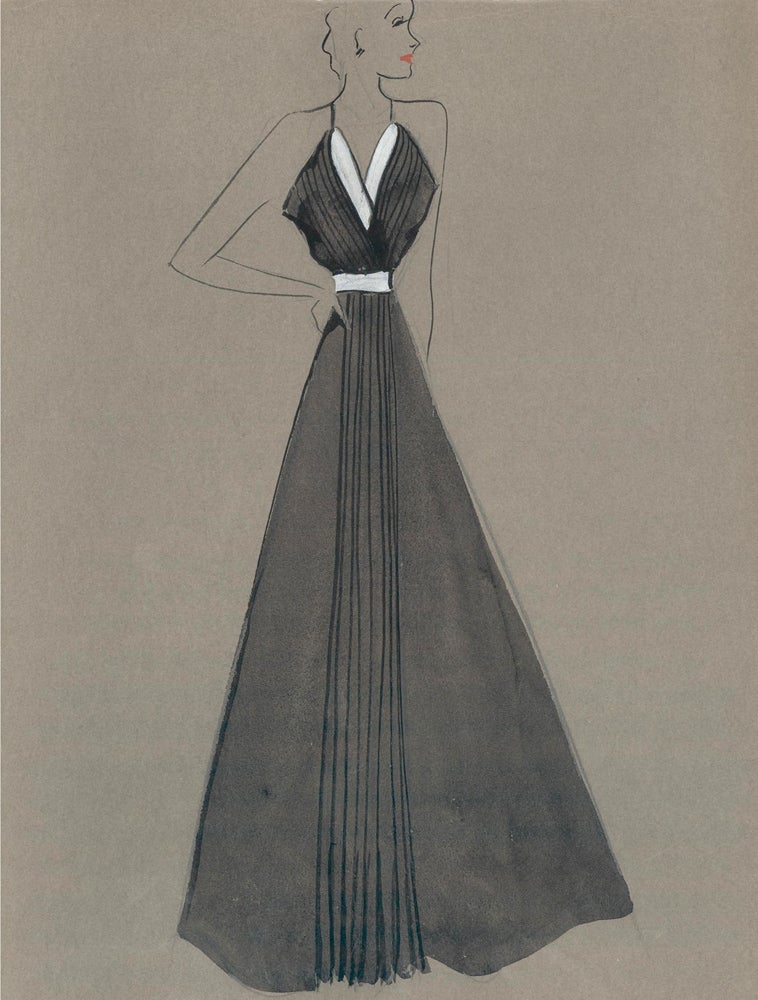 Item nr. 159223 Black V-neck Gown with Pleated Detail. Fashion Illustrations. Charlotte Revyl.