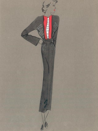 Item nr. 159225 Black Midi Dress with Red Contrast Lapels. Fashion Illustrations. Charlotte Revyl