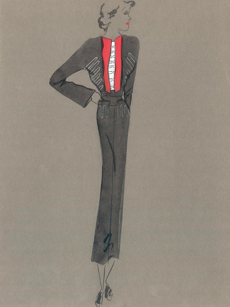 Item nr. 159225 Black Midi Dress with Red Contrast Lapels. Fashion Illustrations. Charlotte Revyl.