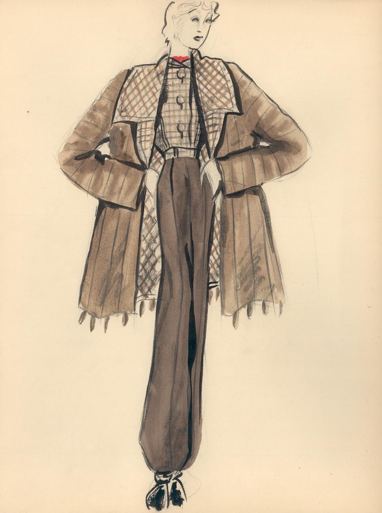 Item nr. 159227 Plaid-lined Fur Coat with Trousers. Fashion Illustrations. Charlotte Revyl.