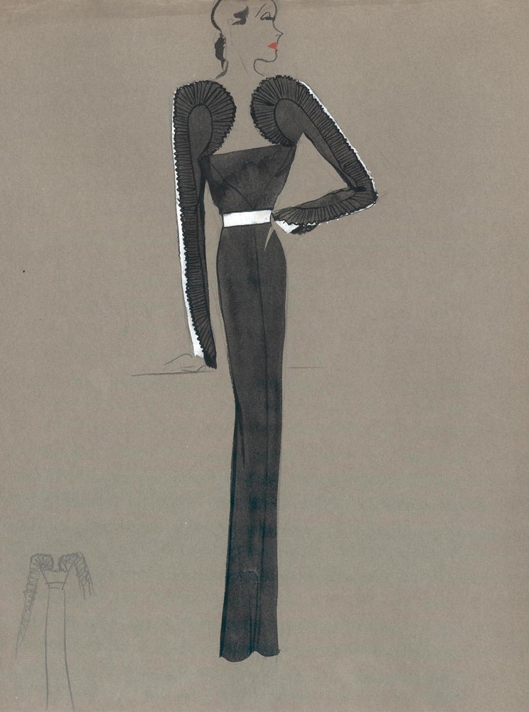 Item nr. 159229 Black Gown with Frilled Sleeves. Fashion Illustrations. Charlotte Revyl.