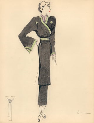 Item nr. 159231 Black, Green, and Pink Midi Wrap Dress with Sketch. Fashion Illustrations....