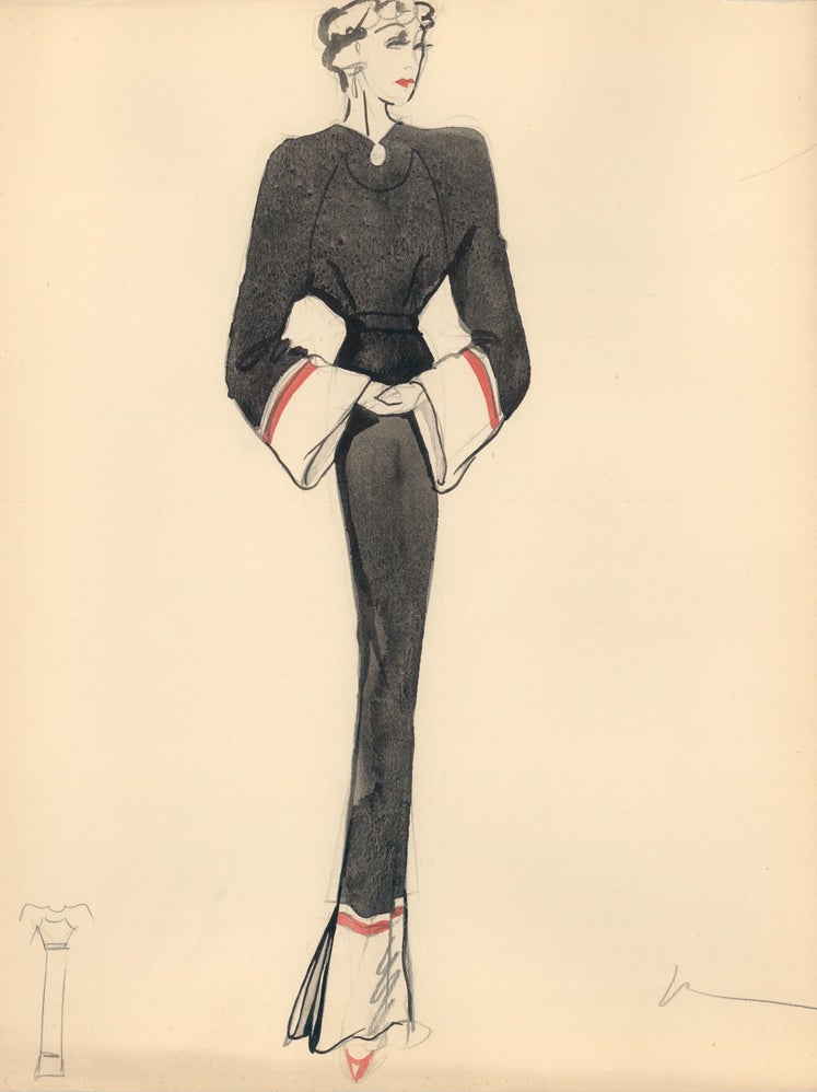 Item nr. 159233 Black Gown with Long Sleeves. Fashion Illustrations. Charlotte Revyl.