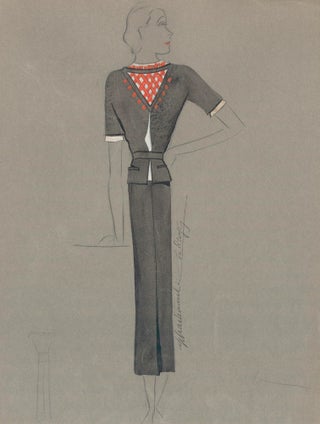Item nr. 159234 Black Midi Dress with Red-Crossed Neck Detail. Signed by artist. Fashion...