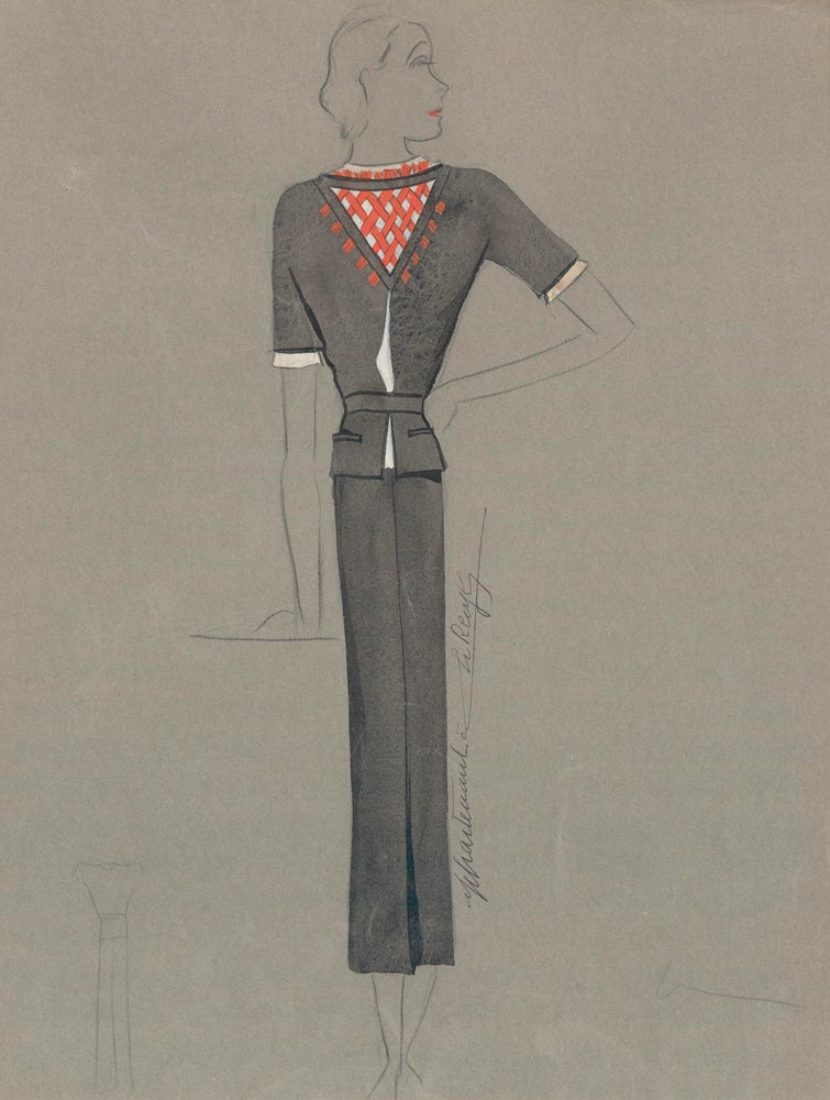 Item nr. 159234 Black Midi Dress with Red-Crossed Neck Detail. Signed by artist. Fashion Illustrations. Charlotte Revyl.