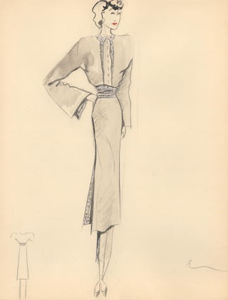 Item nr. 159236 Gray Midi Dress with Blue Wrap Detail. Fashion Illustrations. Charlotte Revyl