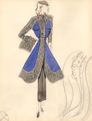 Item nr. 159242 Ruffle and Purple Coat with Sketch. Fashion Illustrations. Charlotte Revyl