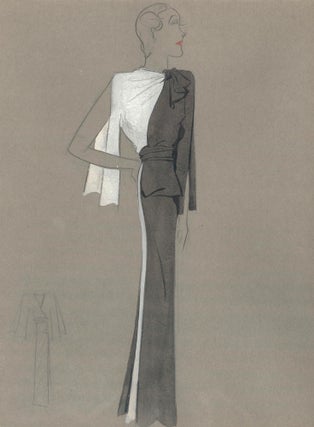 Item nr. 159243 Black and White Gown with Bowed Color Detail. Fashion Illustrations. Charlotte Revyl