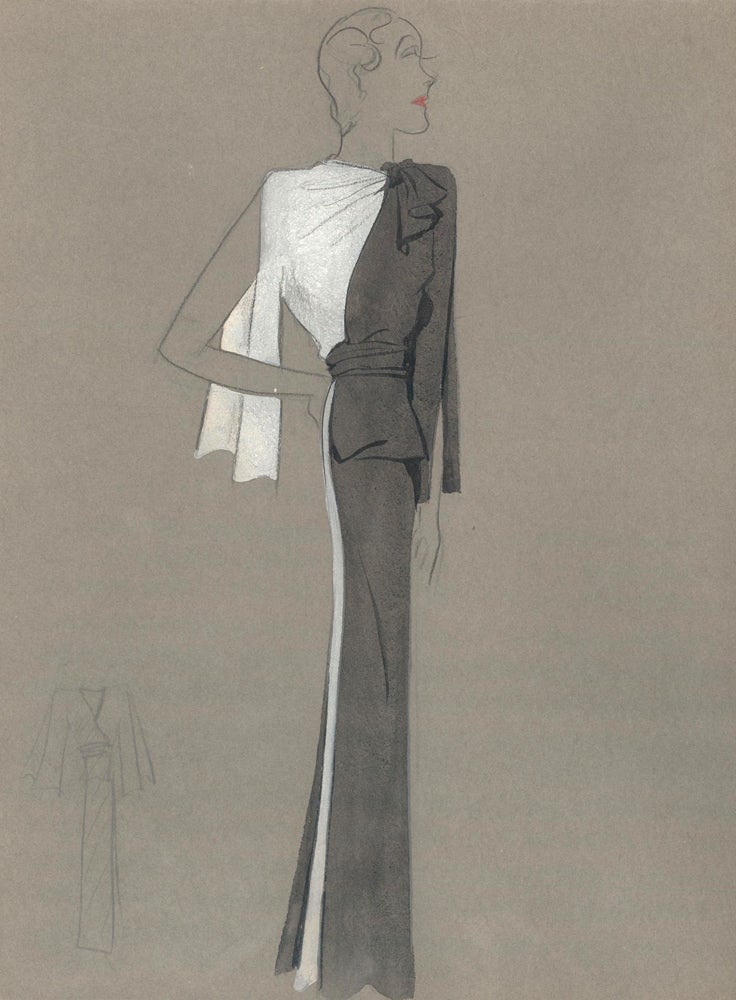 Item nr. 159243 Black and White Gown with Bowed Color Detail. Fashion Illustrations. Charlotte Revyl.