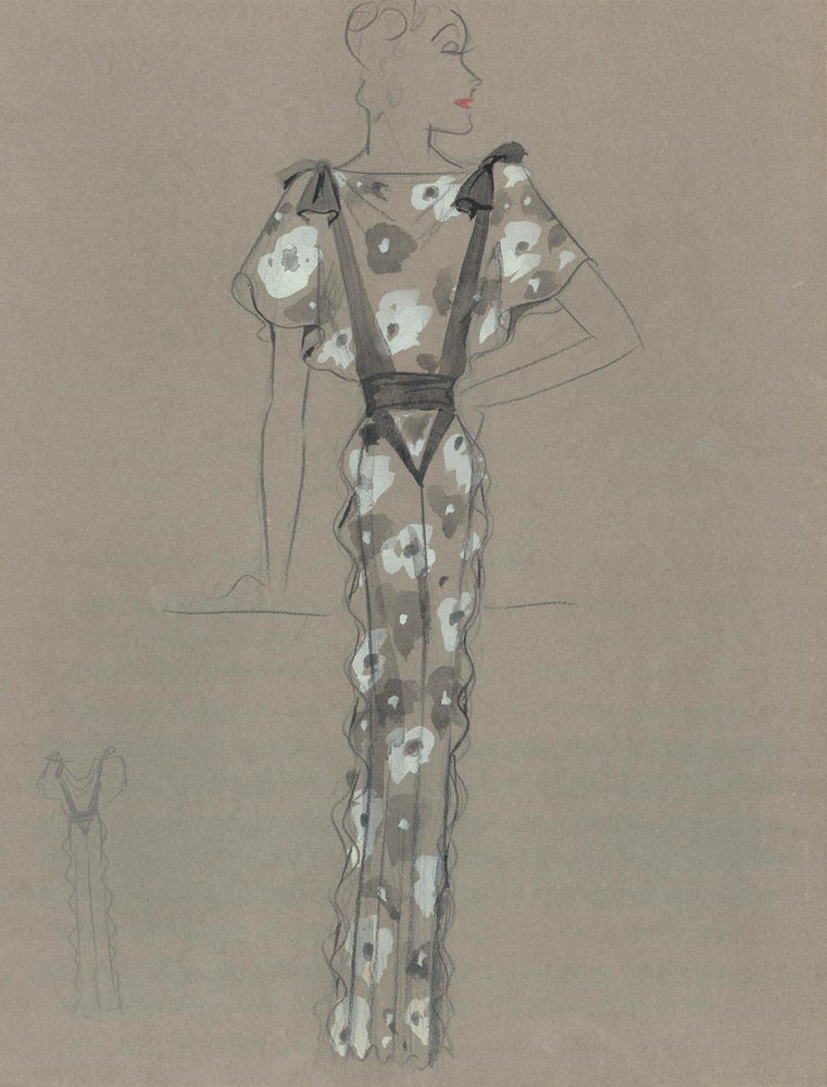 Item nr. 159244 Grey Gown with Flower Pattern and Ruffle Detail. Fashion Illustrations. Charlotte Revyl.