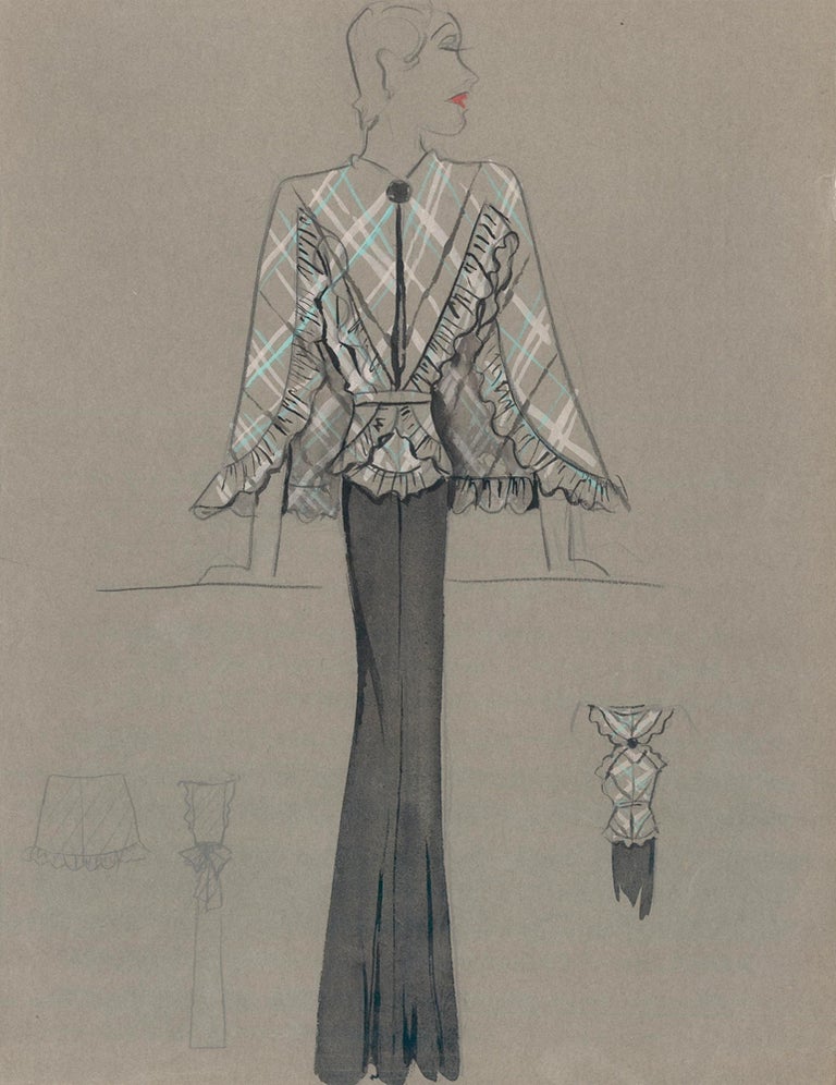 Item nr. 159246 Green and Peach Plaid Jacket with Ruffle Detail. Fashion Illustrations. Charlotte Revyl.