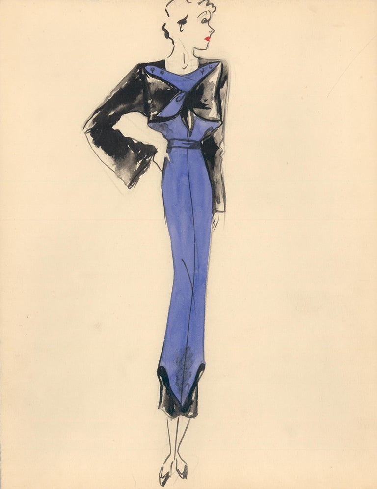 Item nr. 159252 Purple and Black Pant-Suit with Bandeau Wrap Detail. Fashion Illustrations. Charlotte Revyl.