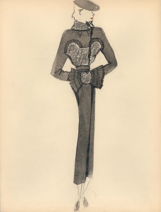 Item nr. 159253 Black Coat with Fur and Pleated Detail. Fashion Illustrations. Charlotte Revyl