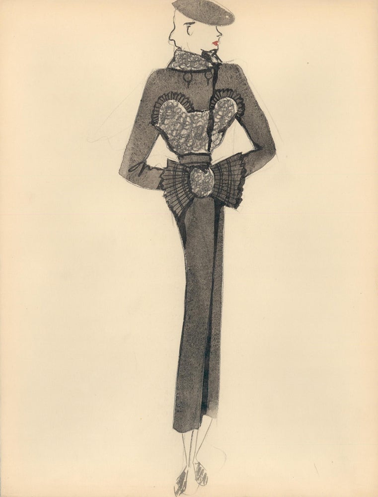 Item nr. 159253 Black Coat with Fur and Pleated Detail. Fashion Illustrations. Charlotte Revyl.