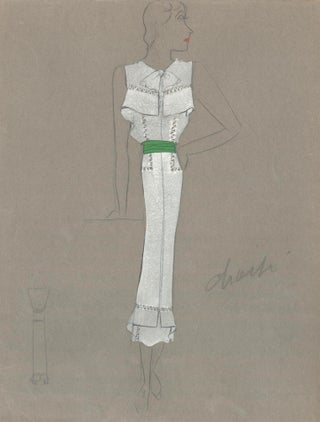 Item nr. 159255 White Midi Dress with Green Belt. Fashion Illustrations. Charlotte Revyl