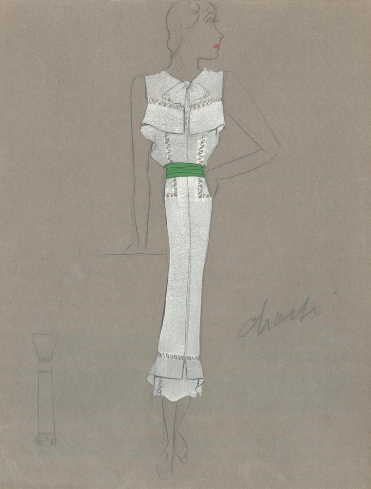 Item nr. 159255 White Midi Dress with Green Belt. Fashion Illustrations. Charlotte Revyl.