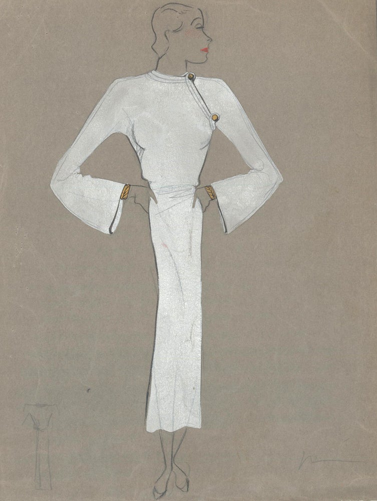 Item nr. 159256 White Midi Dress with Right Enclosure. Fashion Illustrations. Charlotte Revyl.