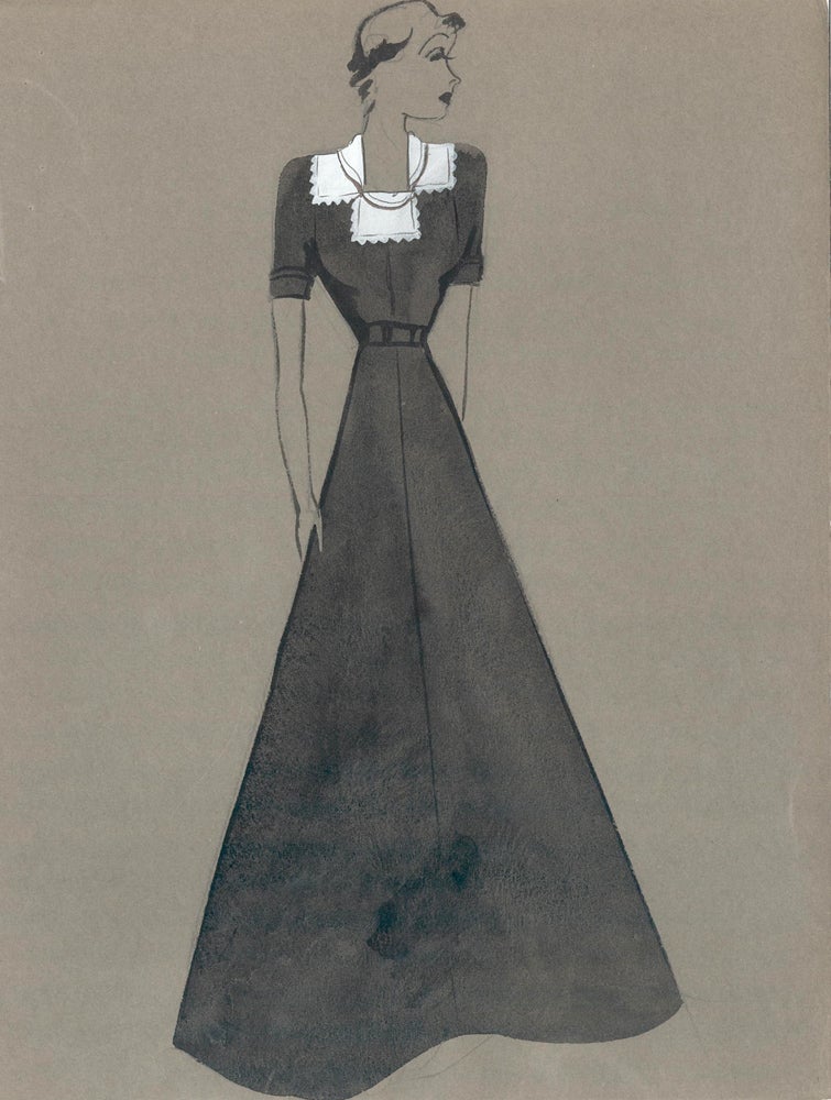 Item nr. 159266 Black Gown with White Collar Detail. Fashion Illustrations. Charlotte Revyl.