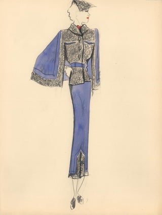 Item nr. 159269 Purple and Gray Frilled Winter Coat with Caped Sleeves. Fashion Illustrations....