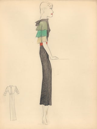 Item nr. 159276 Black Midi Dress with Pleated Multi-Colored Sleeves. Fashion Illustrations....