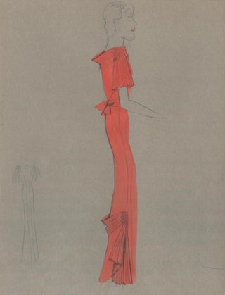 Item nr. 159278 Red Gown with Pleated Detail. Fashion Illustrations. Charlotte Revyl