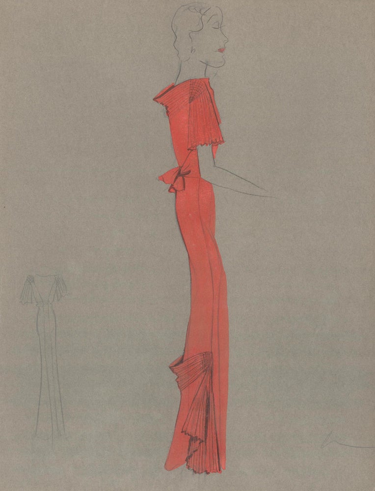 Item nr. 159278 Red Gown with Pleated Detail. Fashion Illustrations. Charlotte Revyl.