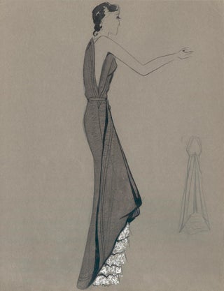 Item nr. 159284 Grey Gown with White Ruffle Detail. Fashion Illustrations. Charlotte Revyl