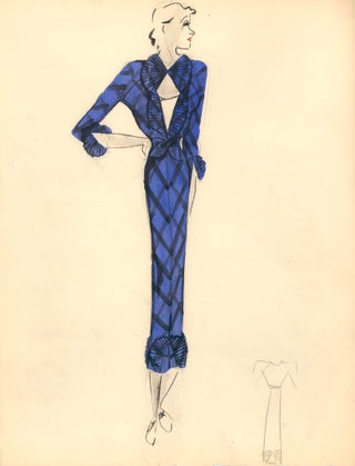 Item nr. 159289 Purple Midi Dress with Pleated Fan Detail. Fashion Illustrations. Charlotte Revyl