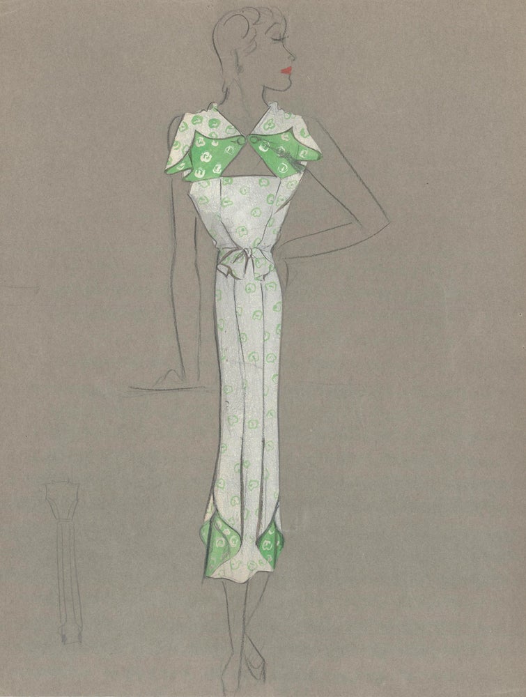 Item nr. 159292 Green and White Midi Dress with Inverse Fold Detail. Fashion Illustrations. Charlotte Revyl.