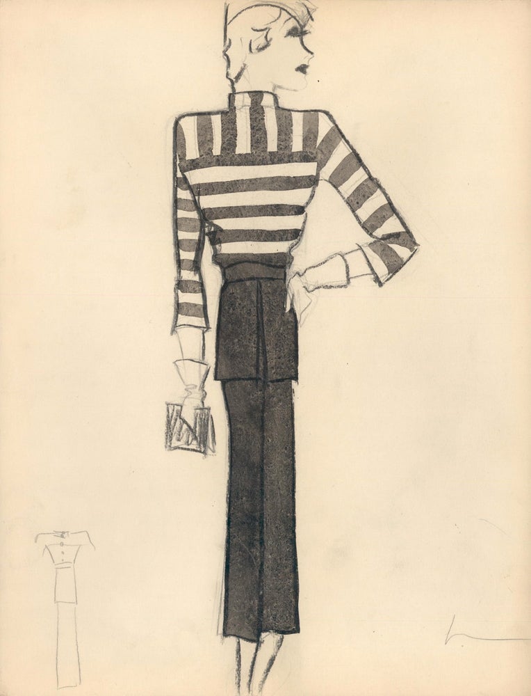 Item nr. 159293 Black and White Striped Shirt with White Gloves. Fashion Illustrations. Charlotte Revyl.