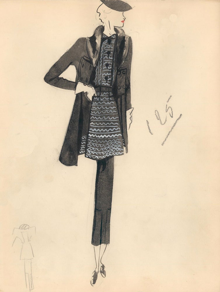 Item nr. 159294 Black Jacket with Fur Accent over Patterned Blouse. Fashion Illustrations. Charlotte Revyl.