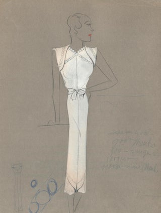 Item nr. 159296 White Pant Suit with Pearl Shoulder Detail. Fashion Illustrations. Charlotte Revyl