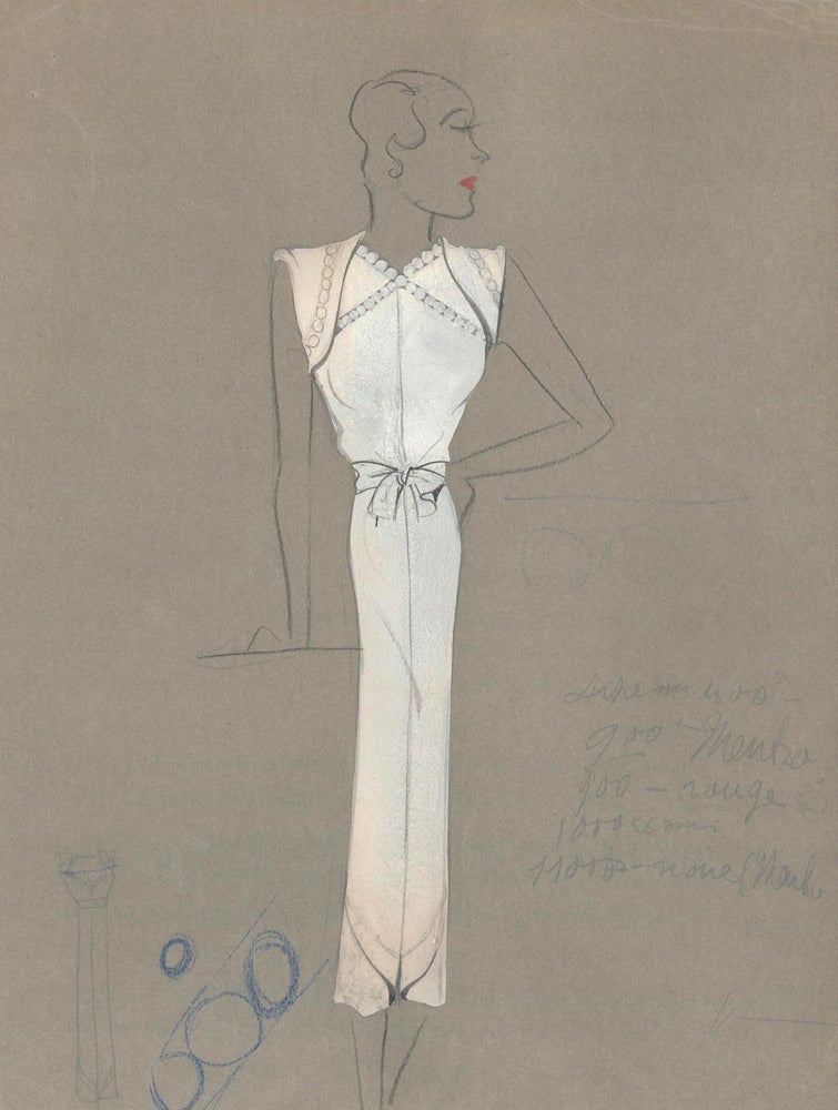 Item nr. 159296 White Pant Suit with Pearl Shoulder Detail. Fashion Illustrations. Charlotte Revyl.