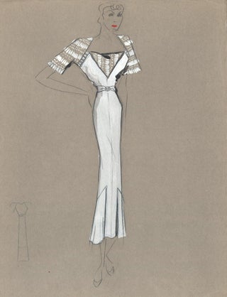 Item nr. 159297 White Pant Suit with Frilled Chest and Shoulder Detail. Fashion Illustrations....