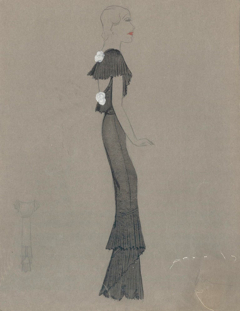 Item nr. 159298 Black Pleated Gown with White Flower Detail. Fashion Illustrations. Charlotte Revyl.