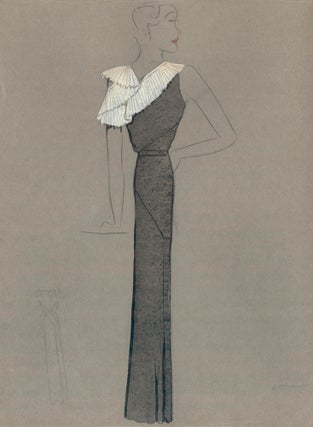 Item nr. 159299 Black Gown with White Pleated Shoulder and Sleeve Detail. Fashion Illustrations....