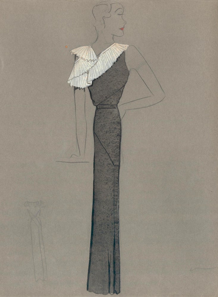 Item nr. 159299 Black Gown with White Pleated Shoulder and Sleeve Detail. Fashion Illustrations. Charlotte Revyl.