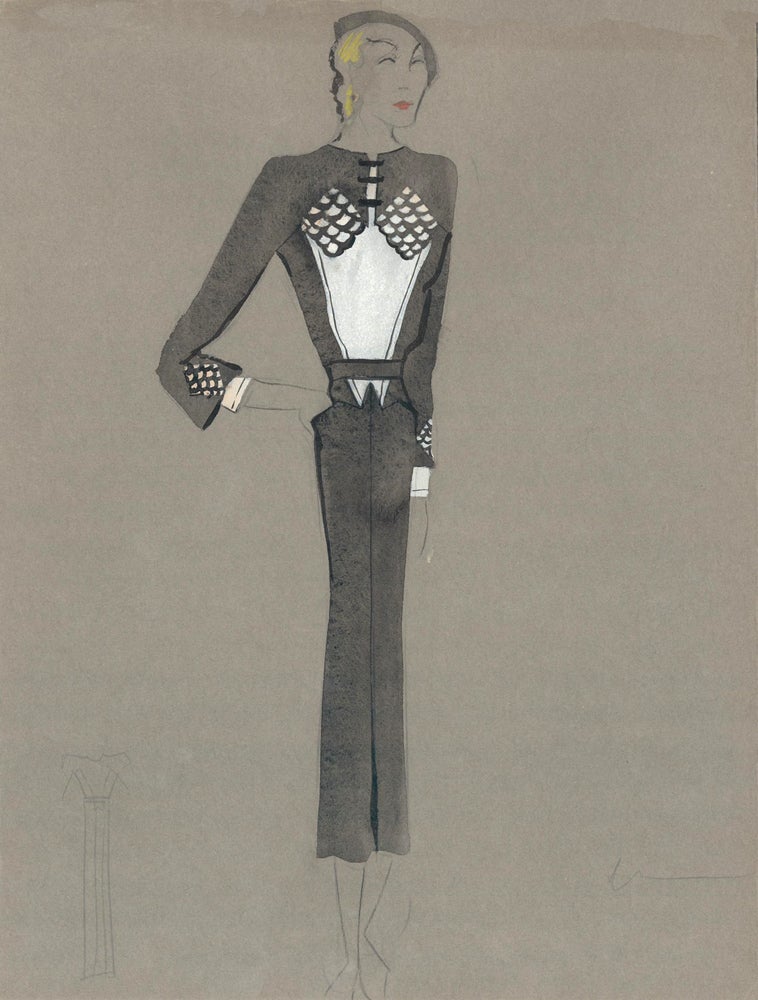 Item nr. 159301 Black and White Midi Dress with Scale Detail on Chest and Cuffs. Fashion Illustrations. Charlotte Revyl.