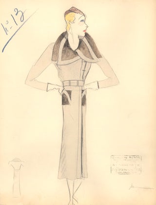 Item nr. 159302 Brown Coat with Layered Collar and Pocket Detail. Fashion Illustrations....