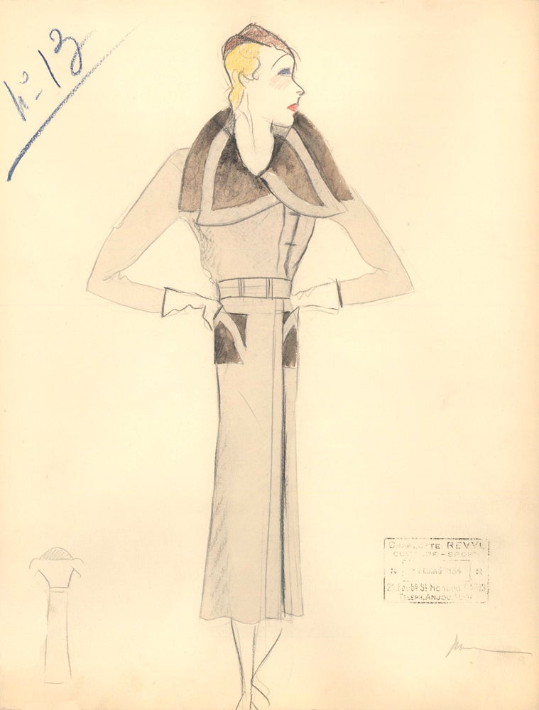 Item nr. 159302 Brown Coat with Layered Collar and Pocket Detail. Fashion Illustrations. Charlotte Revyl.