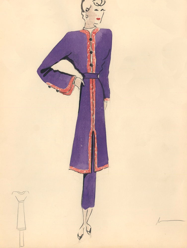 Item nr. 159303 Long Purple Top with Red Hem and Sleeve Detail. Fashion Illustrations. Charlotte Revyl.