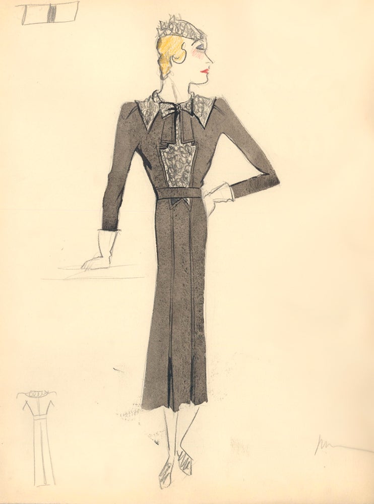 Item nr. 159304 Gray Midi Dress with Ruffled Chest, Shoulder, and Hat Detail. Fashion Illustrations. Charlotte Revyl.