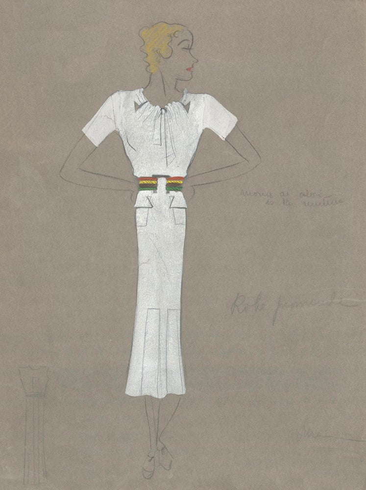 Item nr. 159307 White Midi Dress with Multi-Color Belt and Scrunched Collar Detail. Fashion Illustrations. Charlotte Revyl.