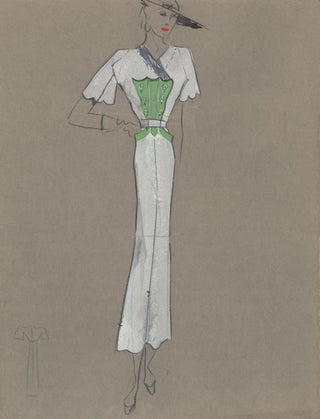 Item nr. 159308 White Pant Suit with Overlapped Collar and Green Chest and Pocket Hem Detail....