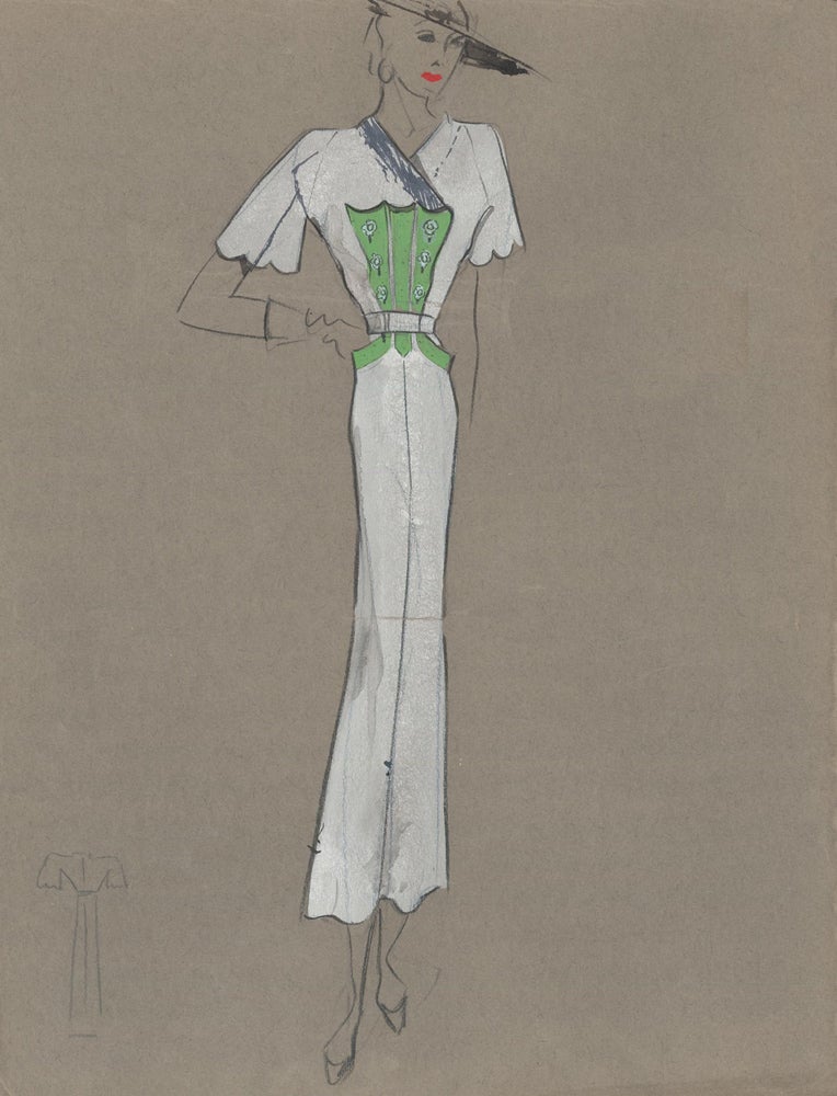 Item nr. 159308 White Pant Suit with Overlapped Collar and Green Chest and Pocket Hem Detail. Fashion Illustrations. Charlotte Revyl.