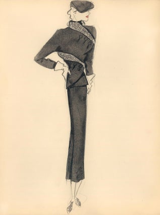 Item nr. 159309 Black Coat with Wrapped Ruffle Hem Detail. Fashion Illustrations. Charlotte Revyl