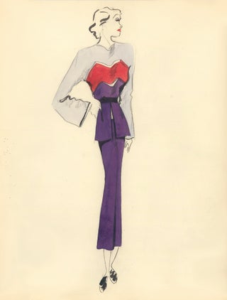 Item nr. 159310 Purple Midi Dress with Light Blue and Red Layer Accent. Fashion Illustrations....